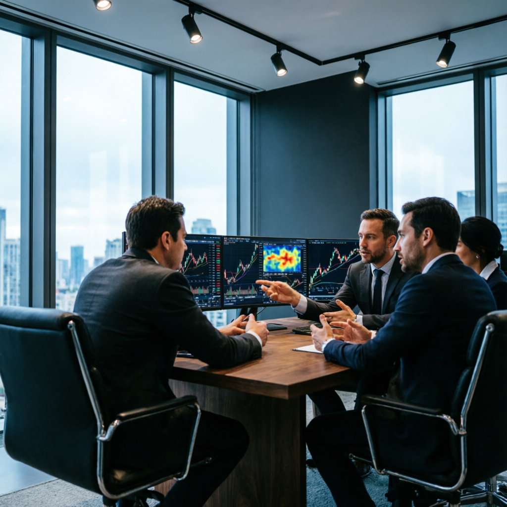 Professional trading team consultation discussing Apex Trader Funding strategies