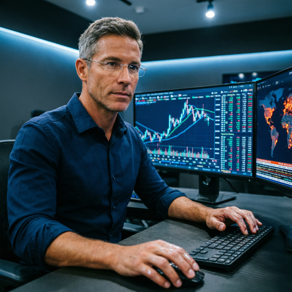 Professional futures trader analyzing Apex Trader Funding evaluation charts on multiple monitors