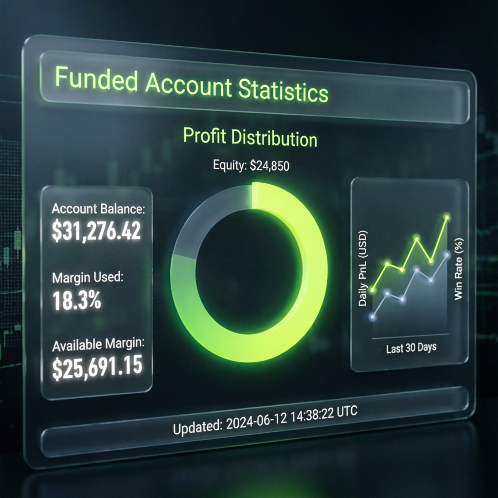 Funded account statistics dashboard showing profit distribution and consistency metrics