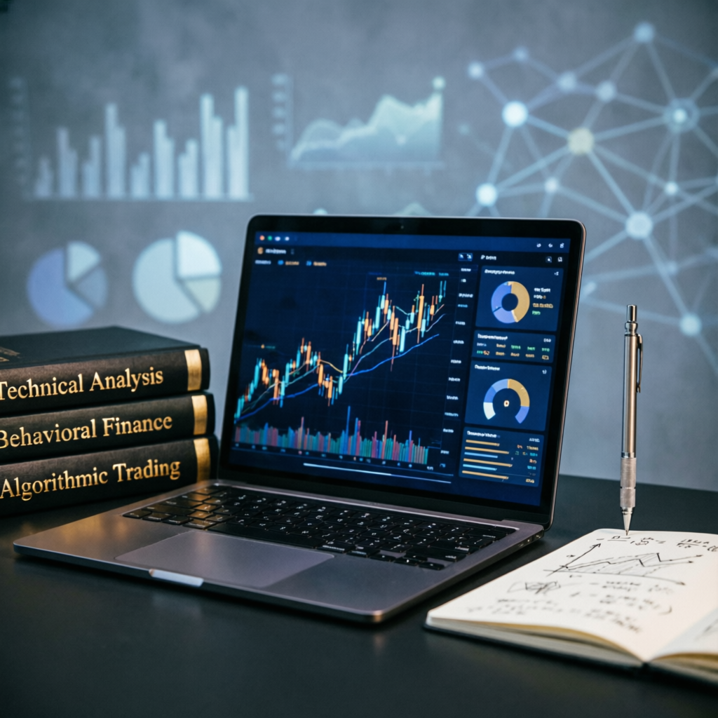 Educational trading setup with books and laptop showing risk management principles