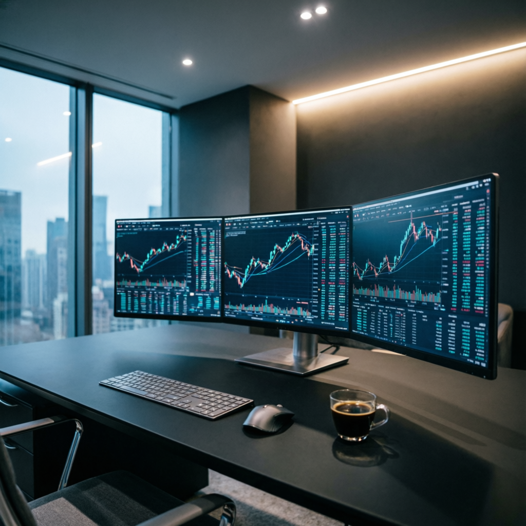 Professional trading workspace with multiple monitors showing futures charts and order flow
