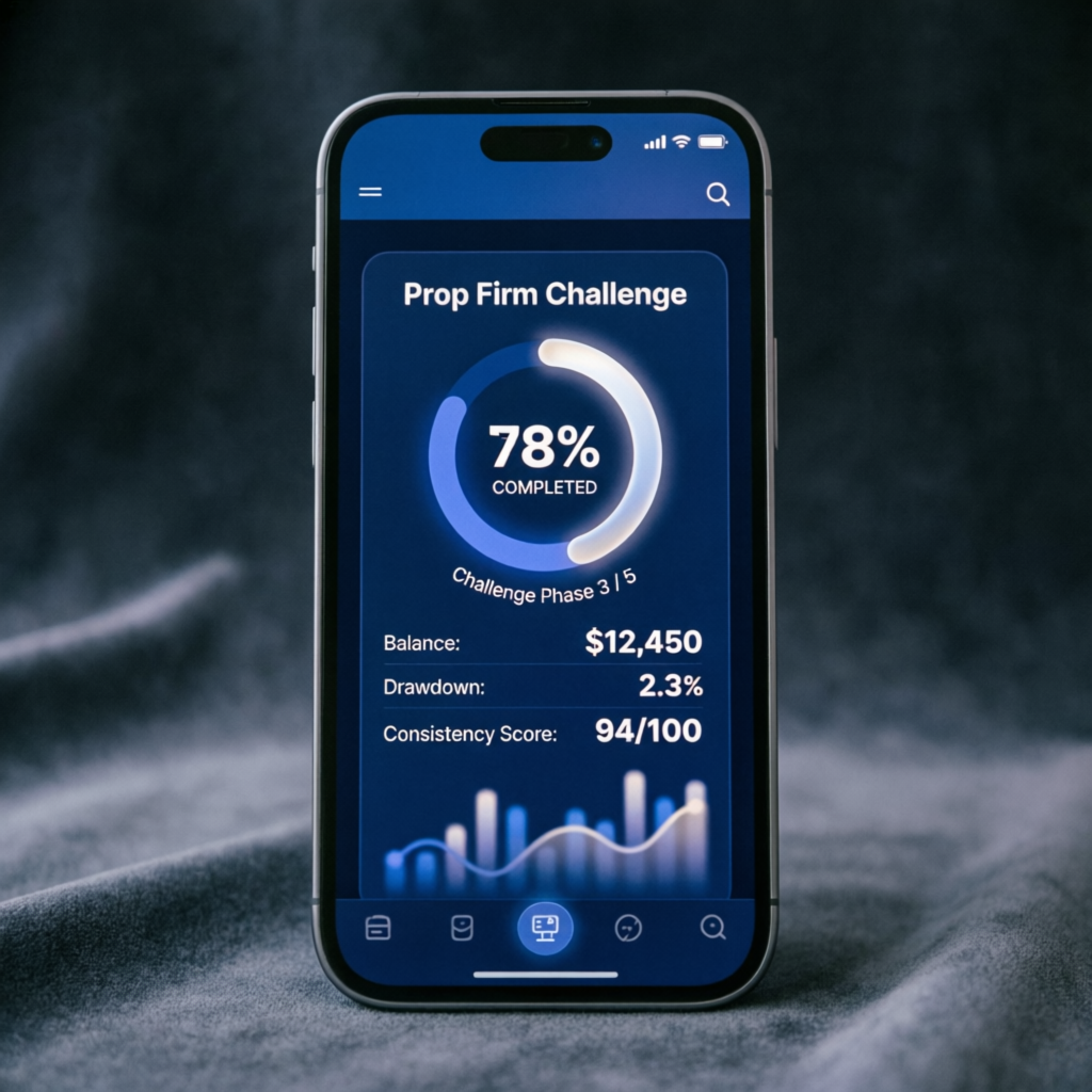 Mobile trading app showing prop firm challenge progress on smartphone