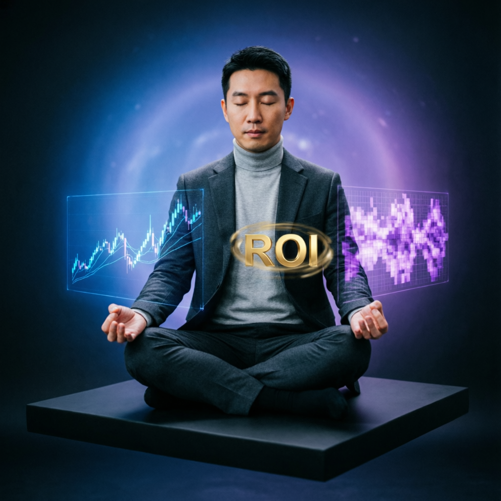 Trading psychology concept with calm trader and holographic charts representing mental discipline