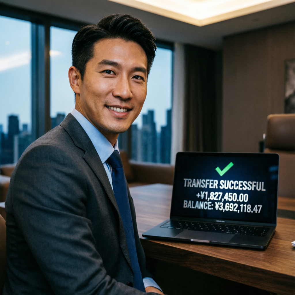 Successful trader receiving payout with transfer confirmation on laptop