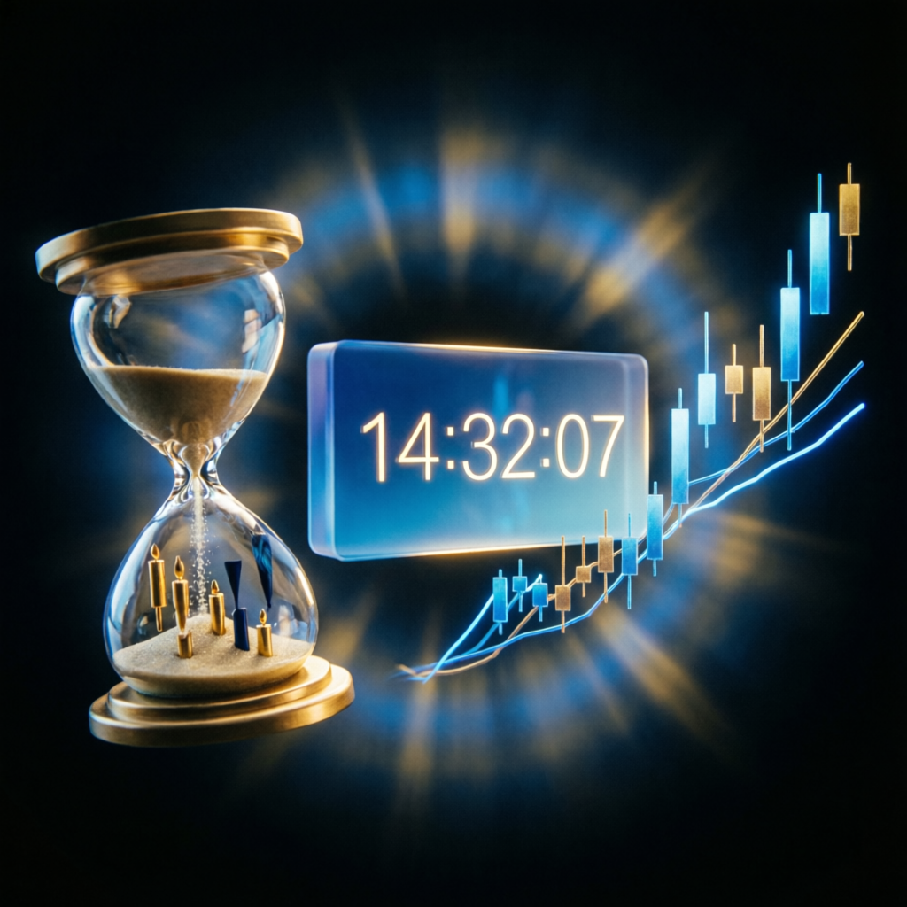 Trading time limit concept with hourglass and candlestick charts representing Topstep combine evaluation period