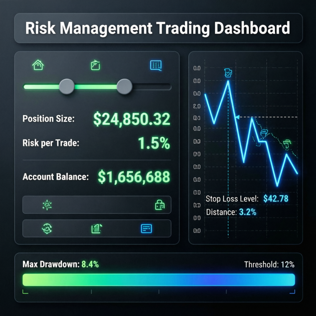Risk management trading dashboard with position sizing and drawdown controls for Topstep combine