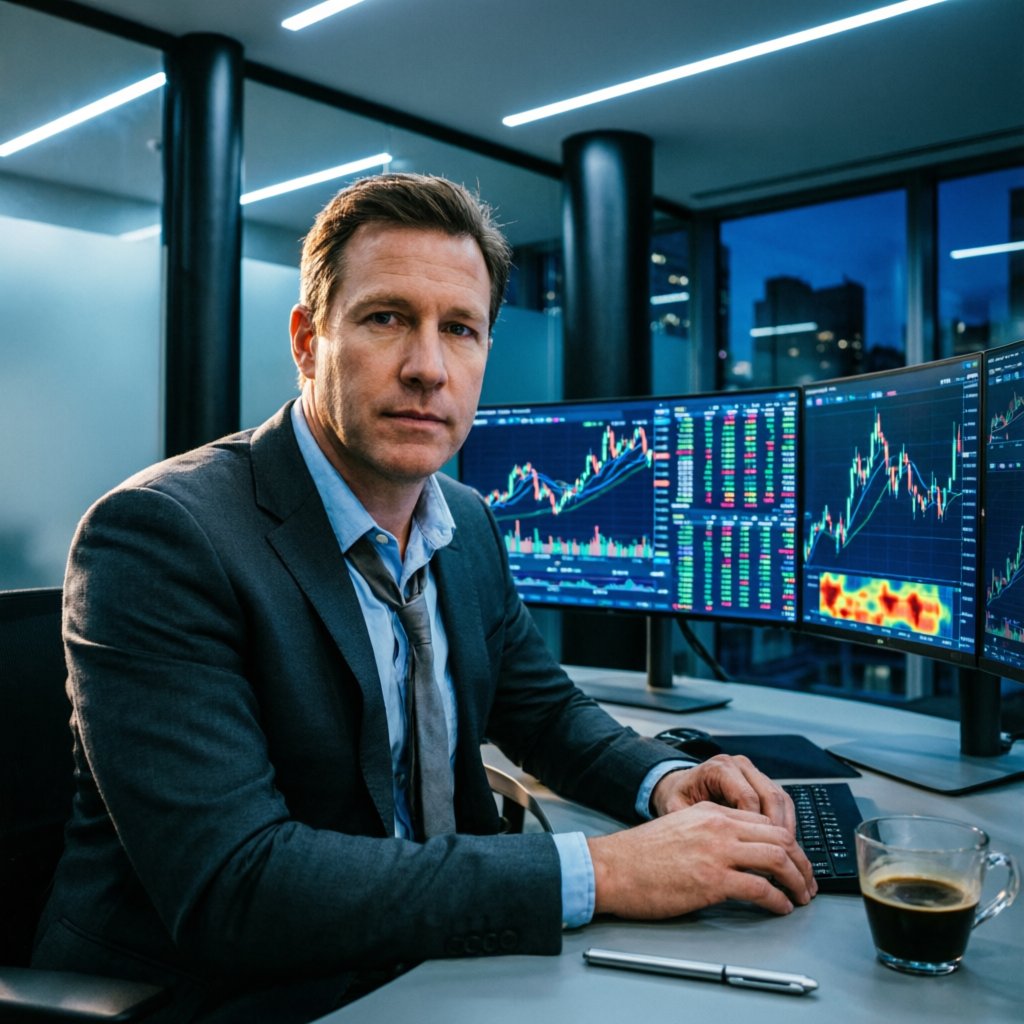 Professional forex trader at multi-monitor trading desk with Topstep Trading Combine charts