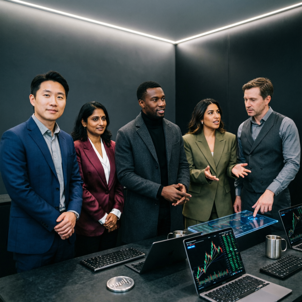 Professional prop firm expert team discussing trading strategies