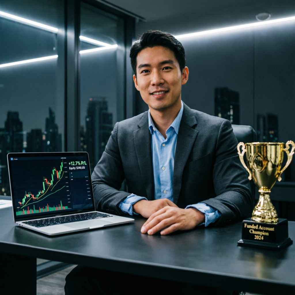 Successful funded trader celebrating with trophy and profitable trading laptop