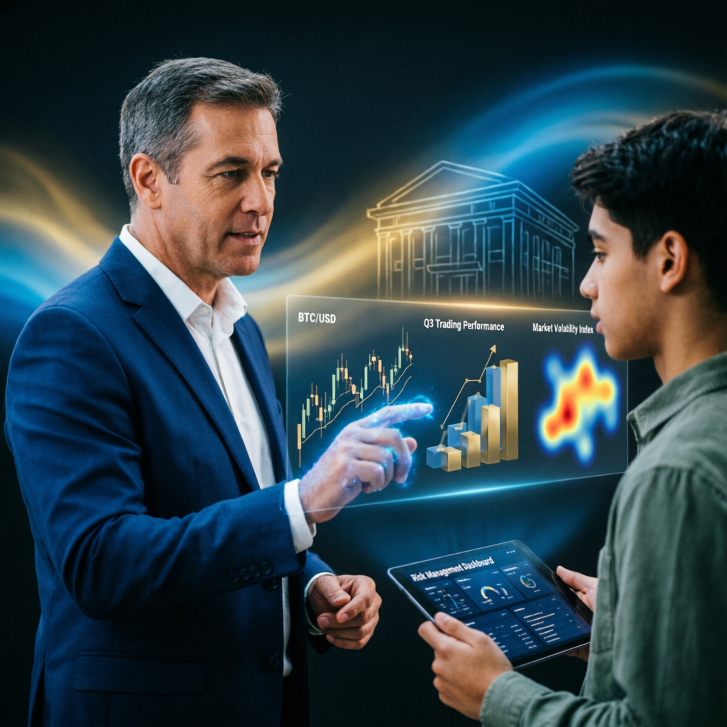 Trading education session with mentor guiding student through charts and analysis