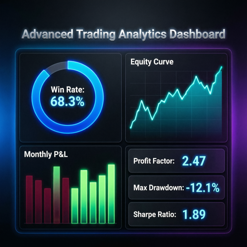 Advanced trading analytics dashboard showing win rate, equity curve, and performance metrics