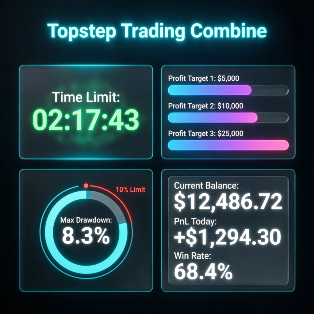 Topstep Trading Combine dashboard showing time limit countdown, profit targets, and drawdown metrics