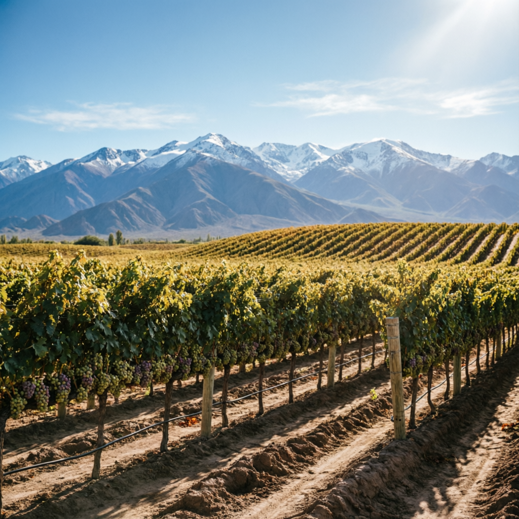 Viñedos de Mendoza con montañas nevadas
