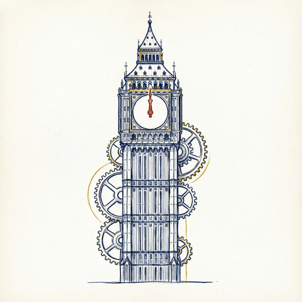 Intricate blueprint clock tower