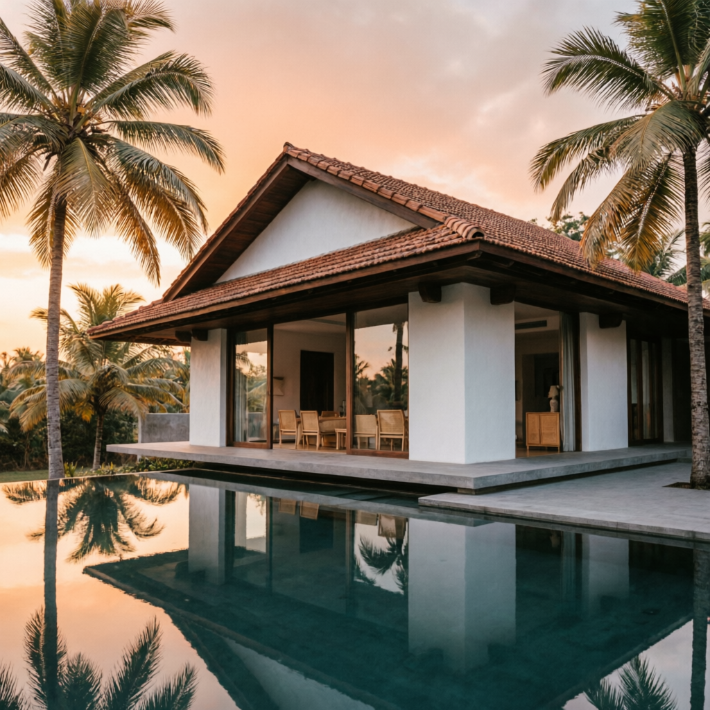 Residential villa with pool at sunset