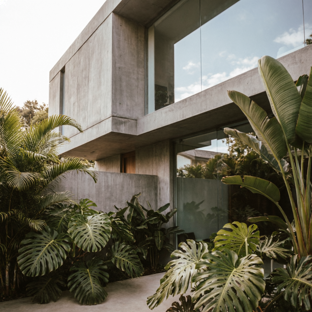 Contemporary concrete home with tropical plants