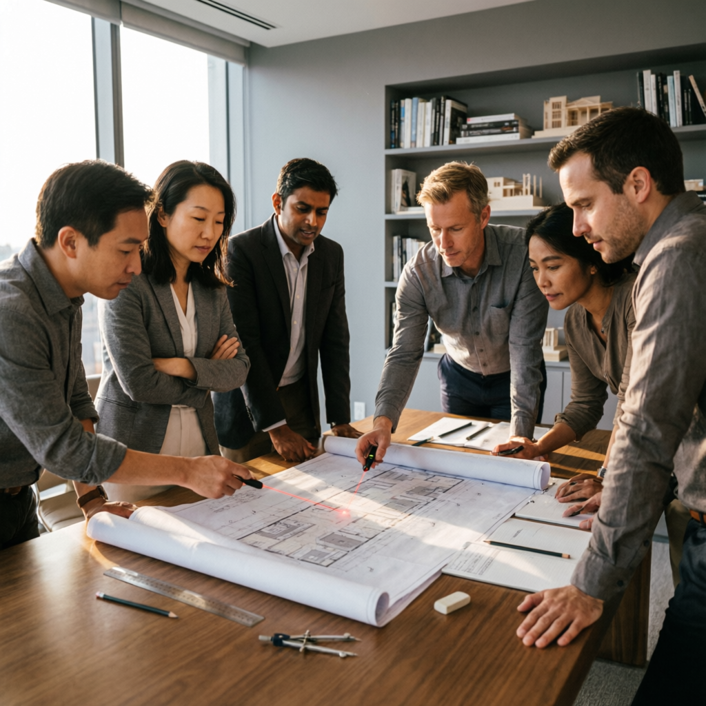 Team reviewing architectural plans