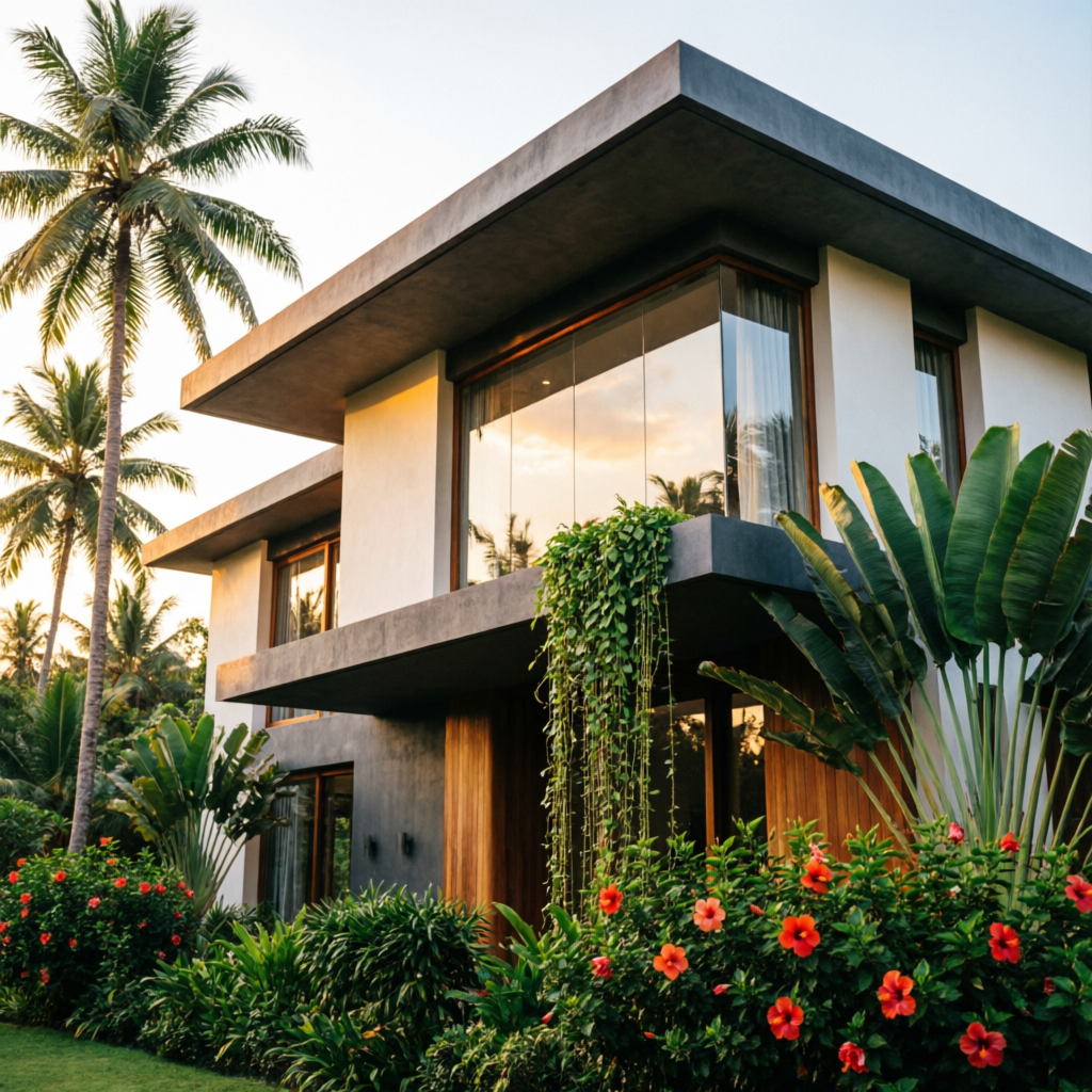 Luxury home exterior with tropical landscaping
