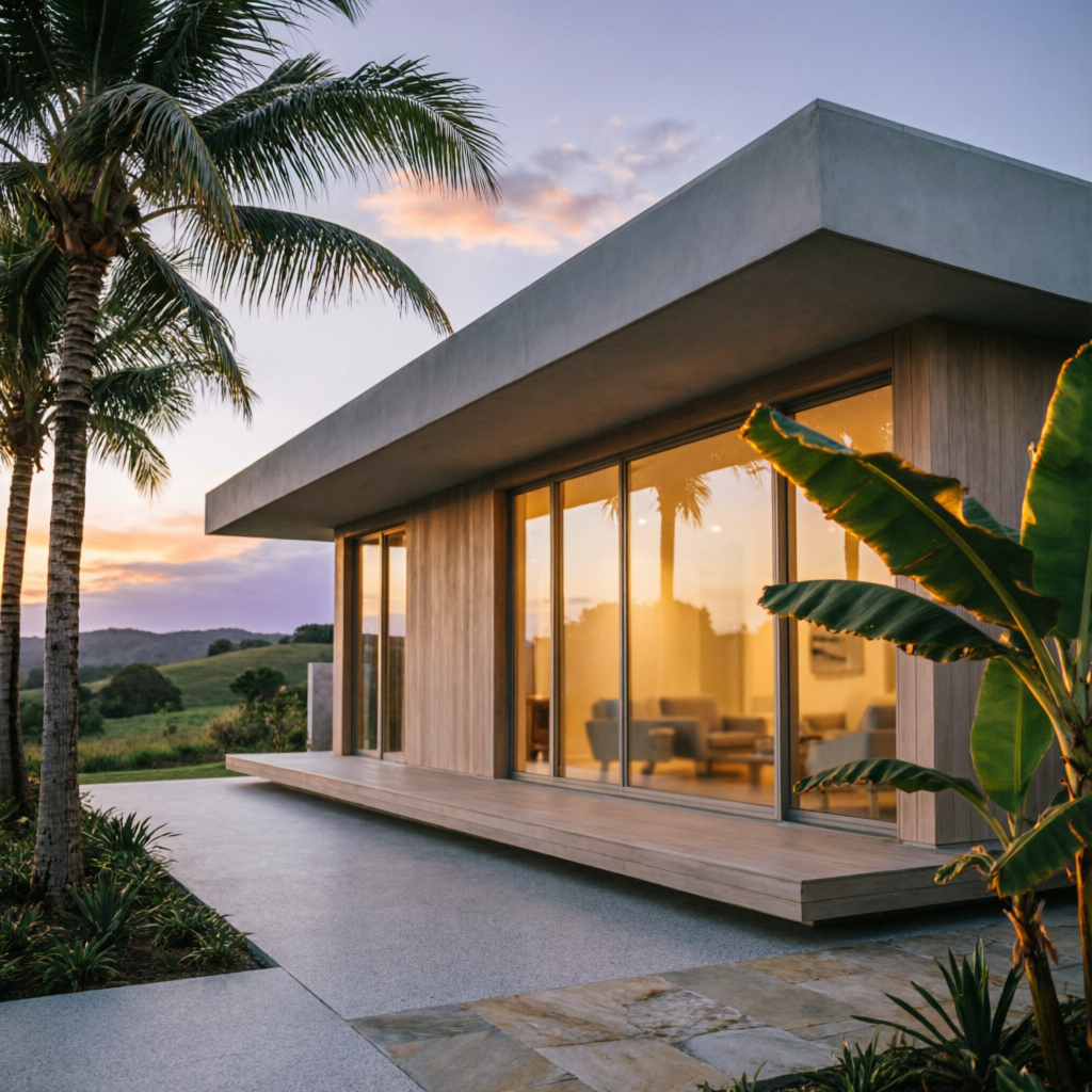 Modern home at dusk with warm interior lights