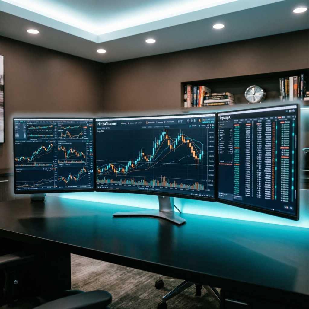 Professional trading workspace with NinjaTrader and TopstepX platforms on multiple monitors