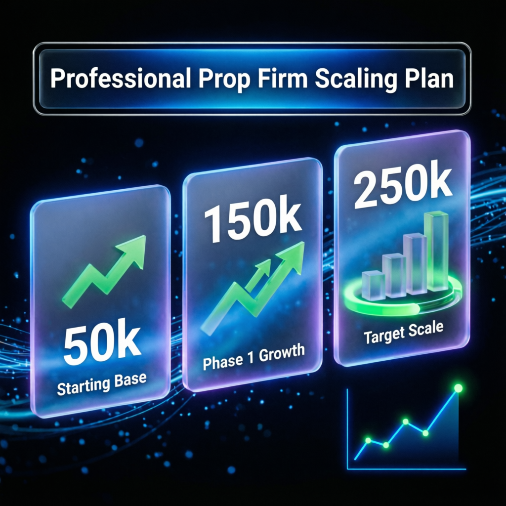 Professional Prop Firm Scaling Plan visualization showing account growth from 50k to 250k