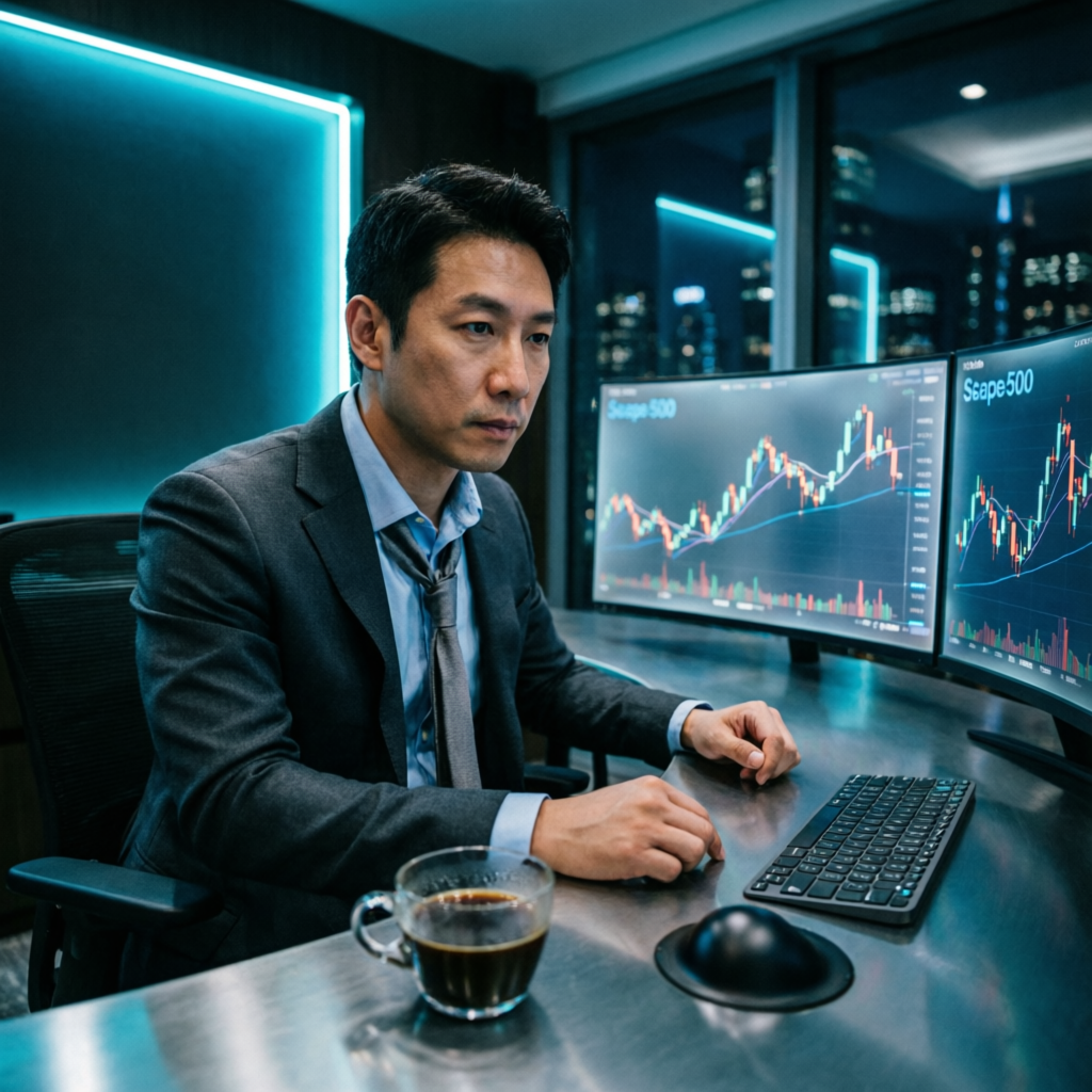 Professional futures trader analyzing S&P 500 charts on multiple monitors