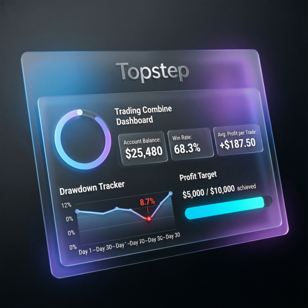 Topstep Trading Combine Dashboard showing account metrics and profit targets