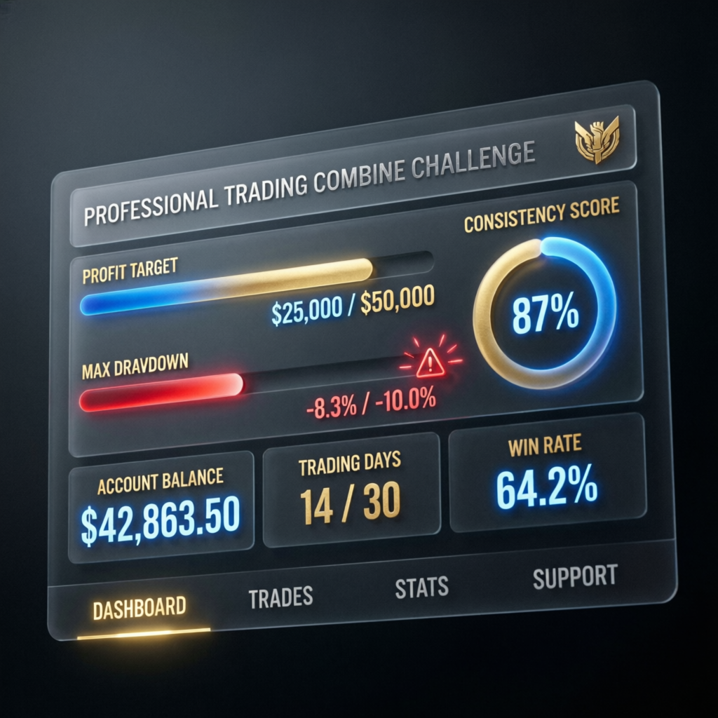 Professional Trading Combine Challenge dashboard showing profit target, max drawdown, and consistency score