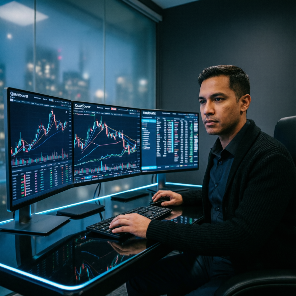Professional trader using Quantower and Tradovate platforms on multiple monitors