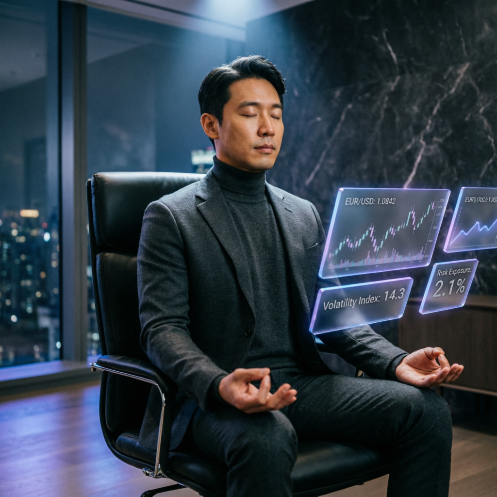 Professional trader practicing trading psychology and meditation before trading session