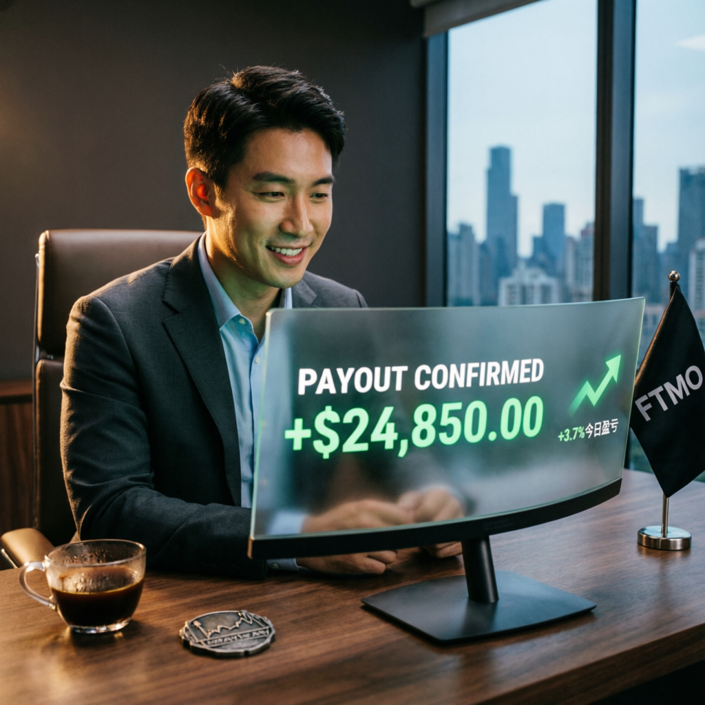 Professional trader receiving confirmed payout notification showing +$24,850 profit