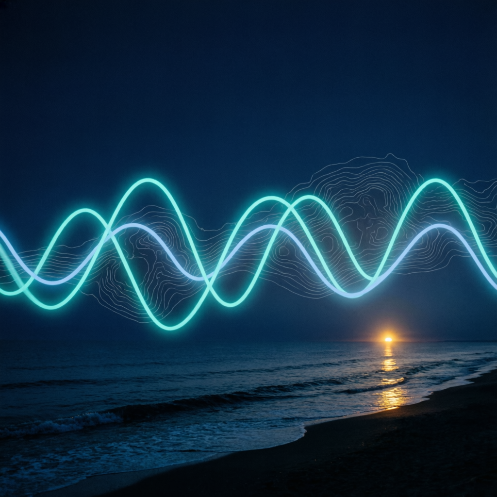 Ondas teal sobre la costa — identidad visual de Marisinaa