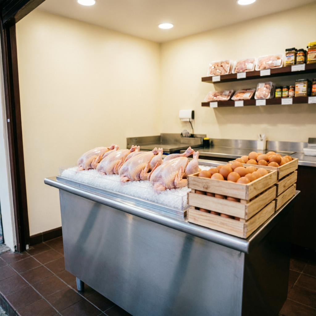 Inside SS Chicken Mart — clean hygienic counters