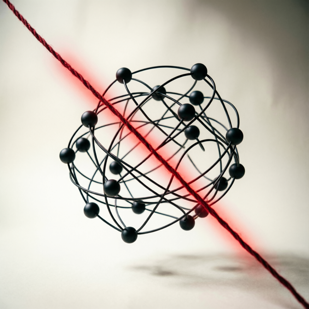 黒い糸と球で構成された神経網の彫刻を、一本の赤い糸が貫くカバービジュアル