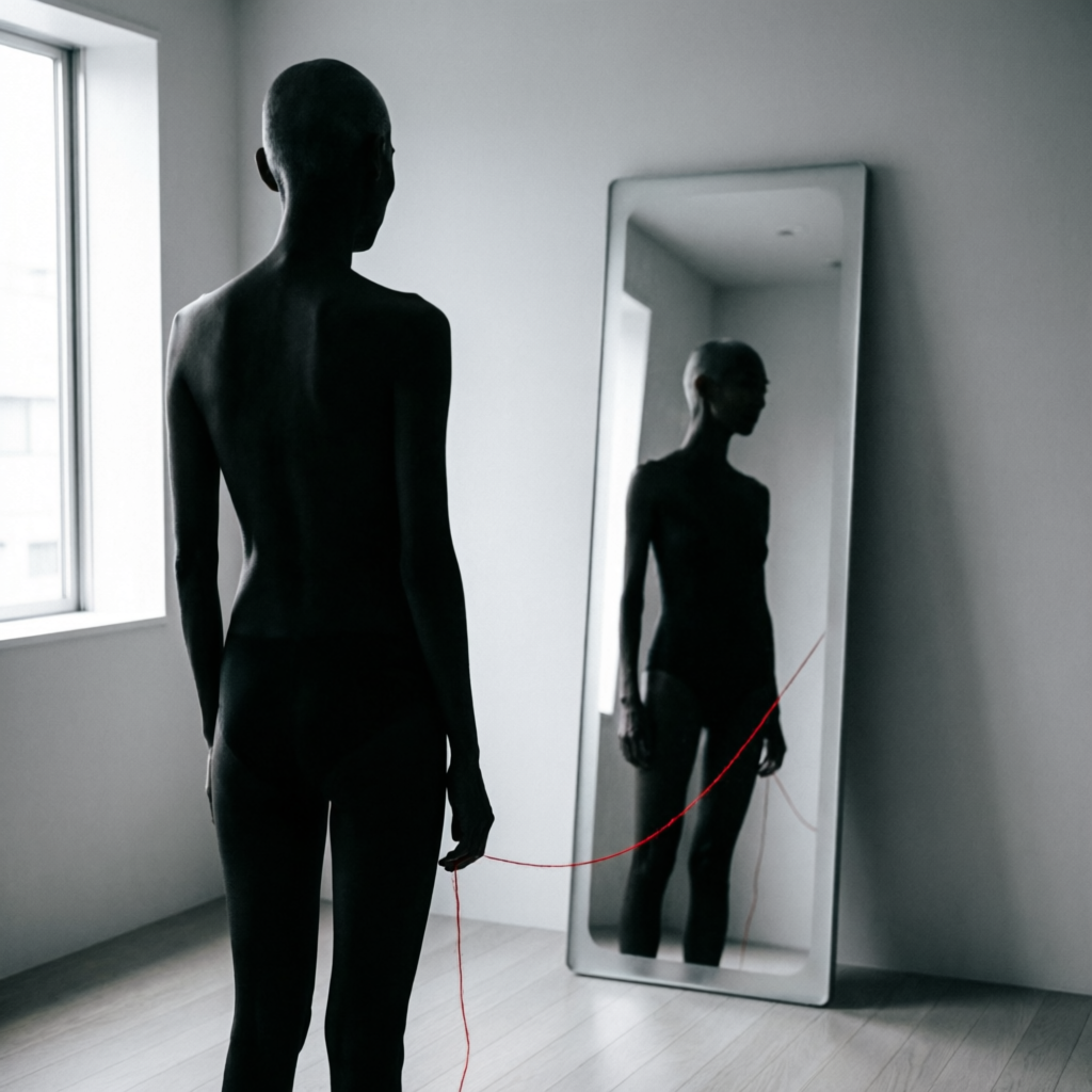 窓辺の鏡の前に立つ人物の影、鏡像はわずかに背を向け、一本の赤い糸が両者を結ぶ写真
