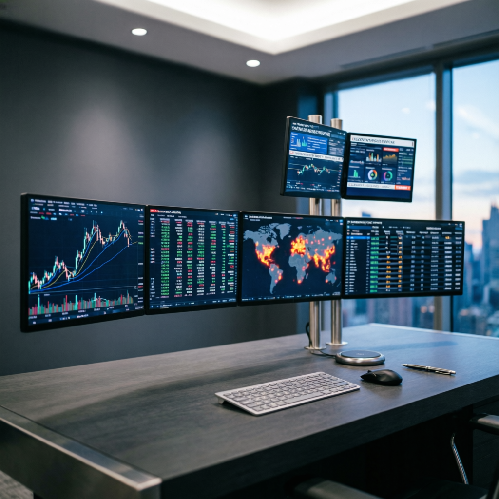 Professional forex trading desk with multiple monitors showing charts and analytics