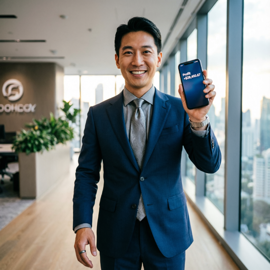 Successful trader celebrating funded account profit with PFM Capitals