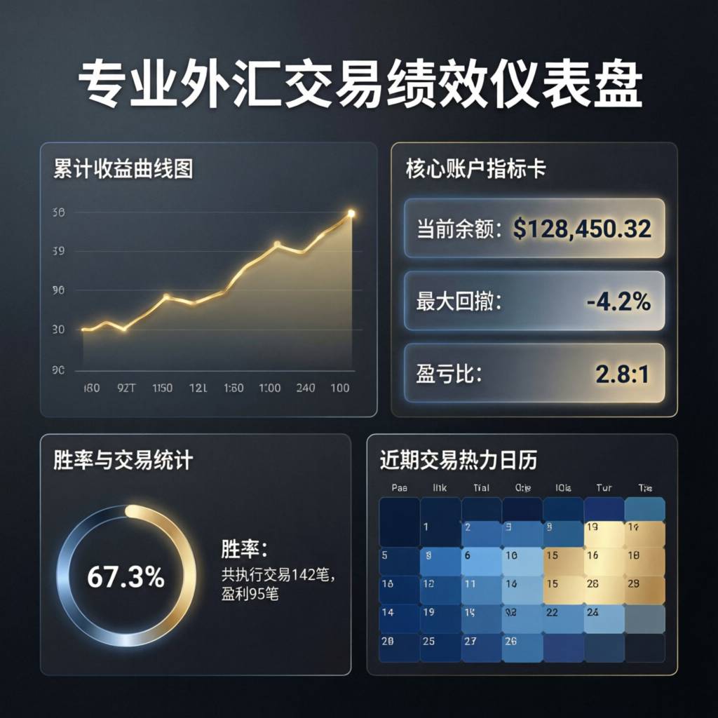 Professional forex trading performance dashboard showing PFM Capitals results
