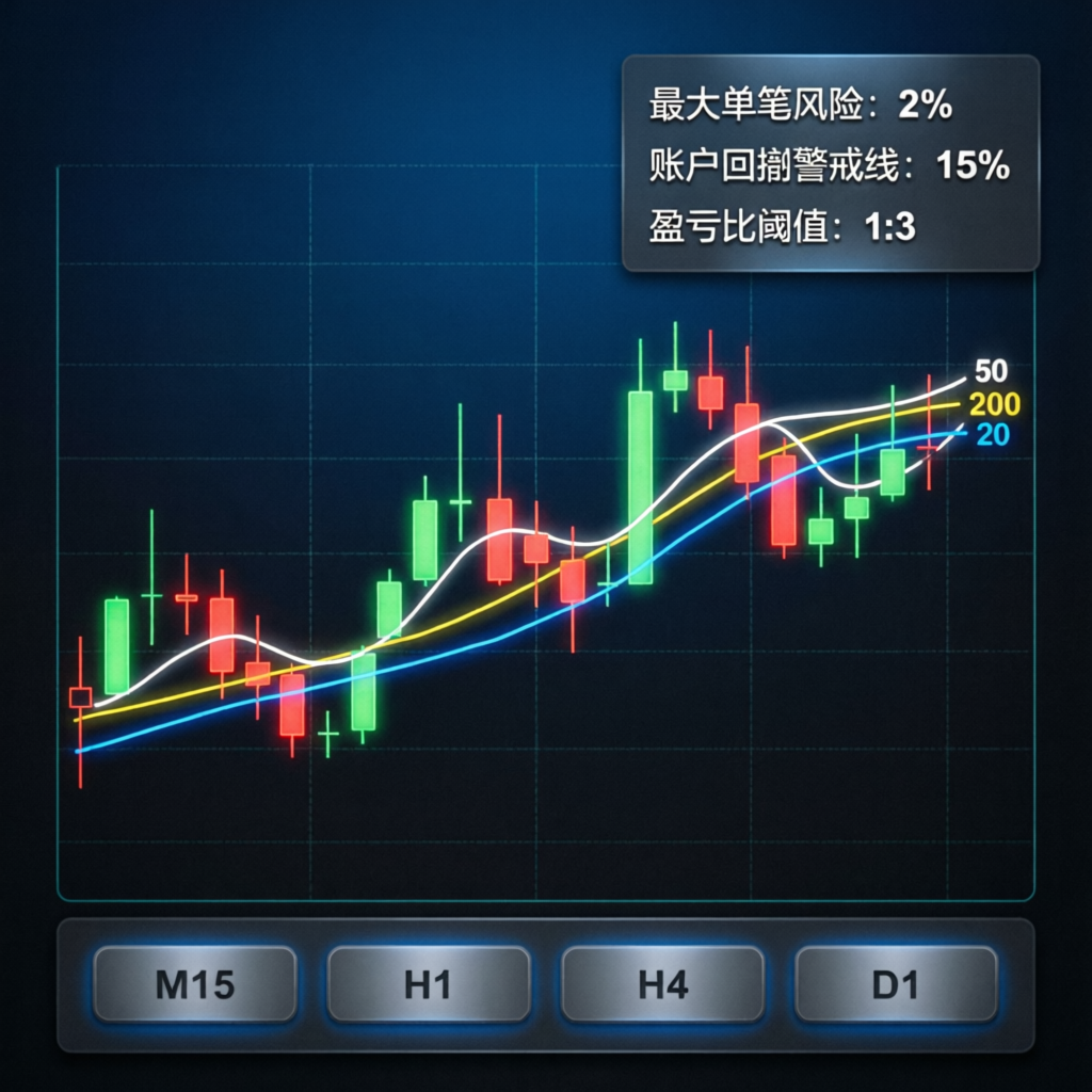 Professional forex trading strategy chart with risk management indicators
