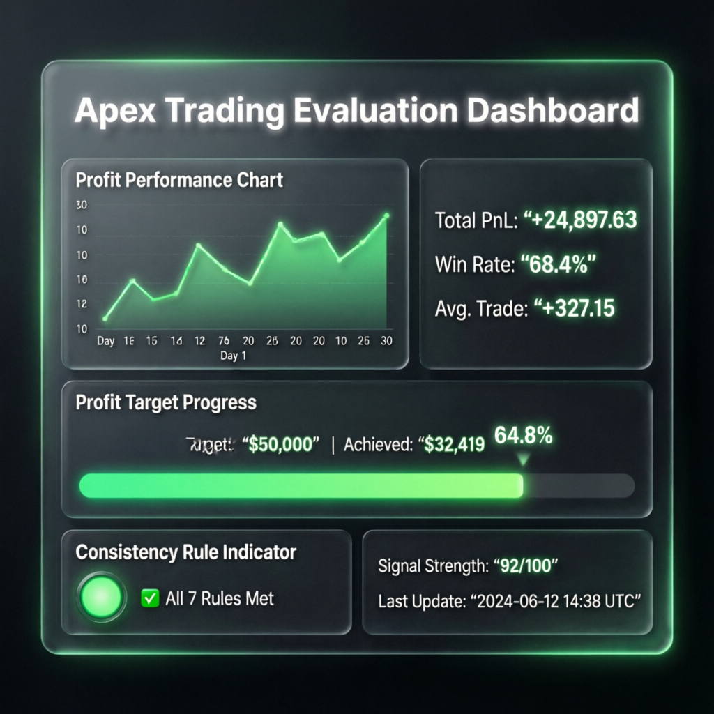 Apex Trading Evaluation Dashboard showing profit performance and consistency rule indicator