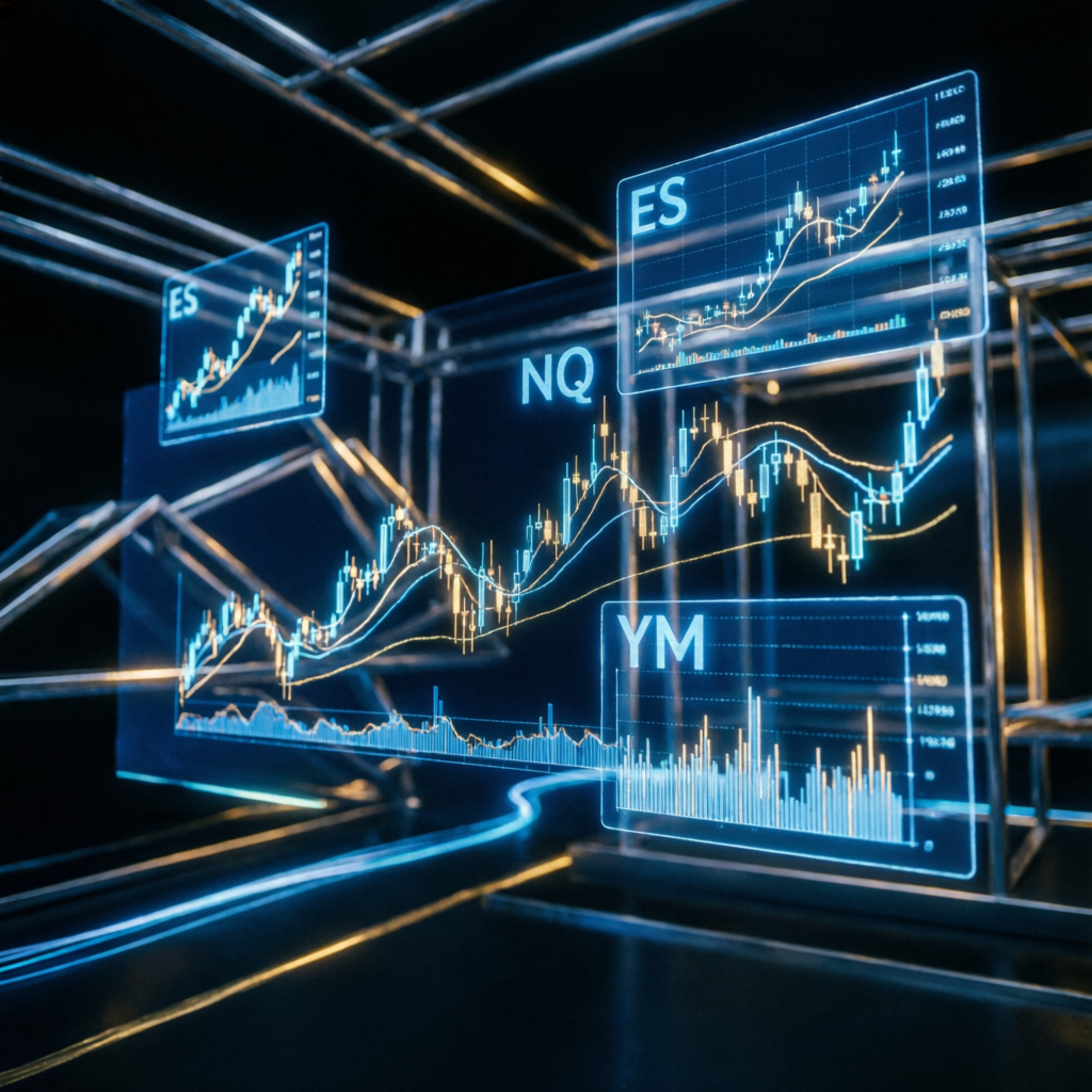 Futures trading floor with ES NQ YM holographic charts