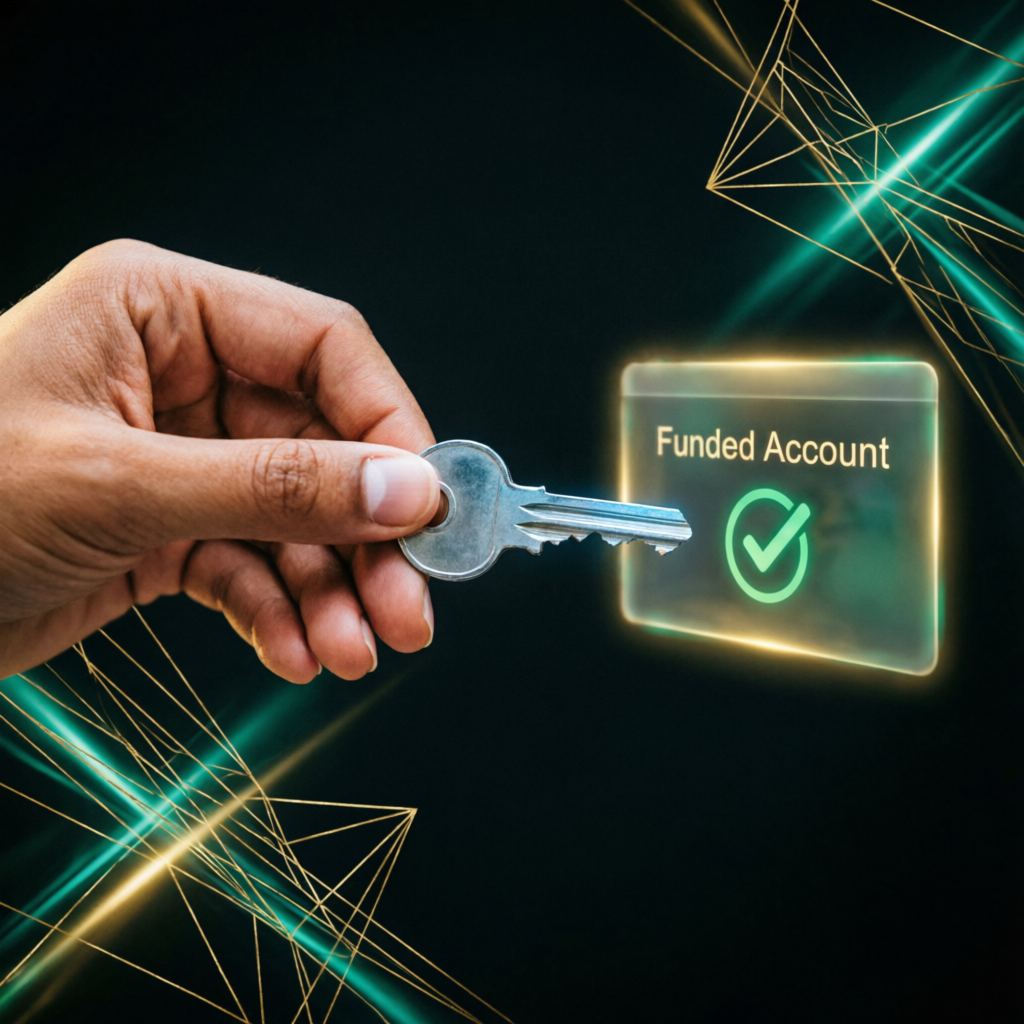 Hand giving key to funded account with checkmark - prop firm passing service