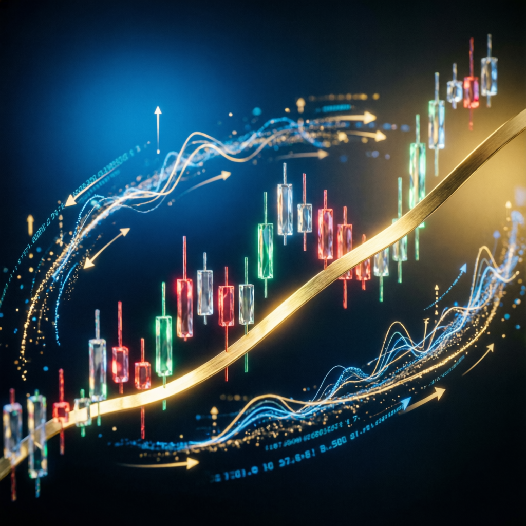 Futuristic trading strategy visualization with candlestick charts and golden trend line