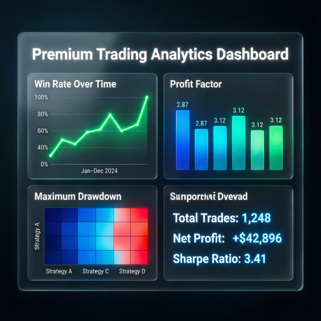 Premium trading analytics dashboard with win rate and profit factor charts