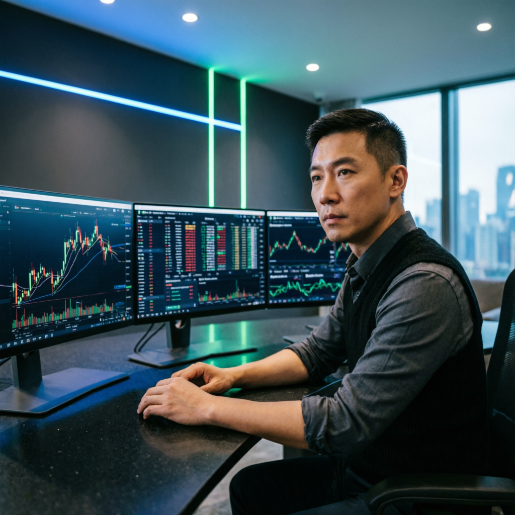 Professional forex trader analyzing Apex futures trading charts on multiple monitors