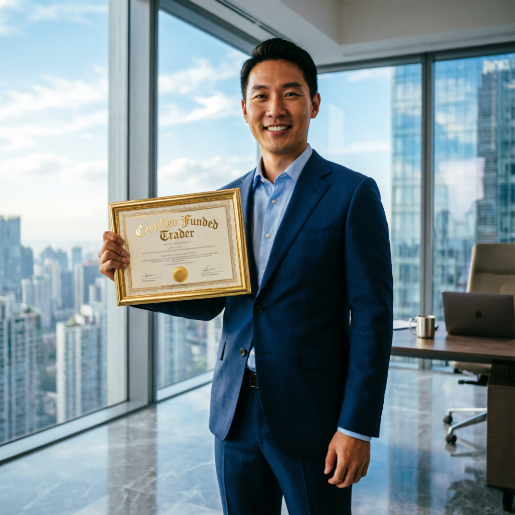 Certified funded trader holding certificate in modern office