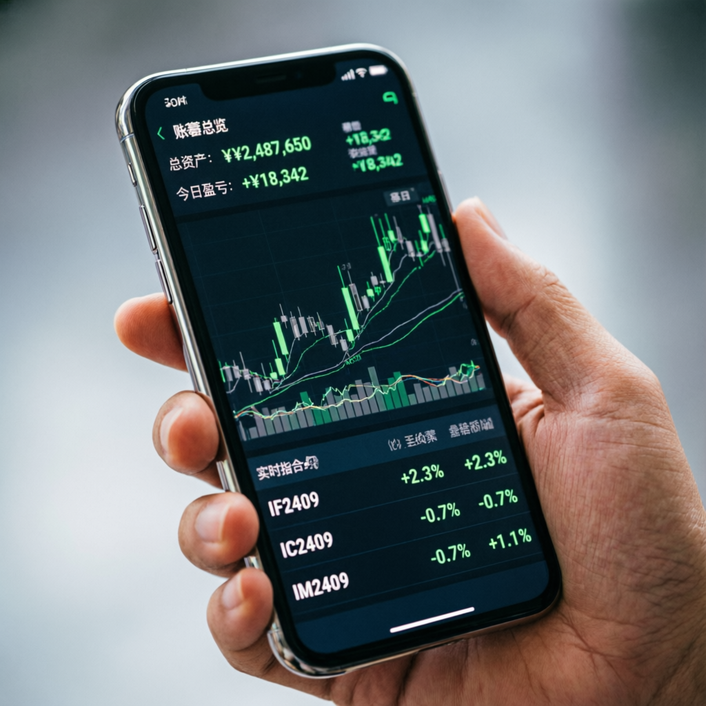 Mobile trading app showing futures trading dashboard on smartphone