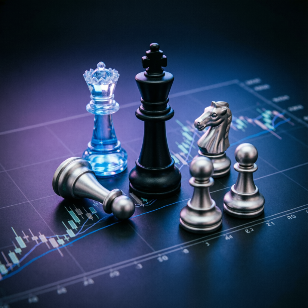 Trading strategy and discipline concept with chess pieces on chart background