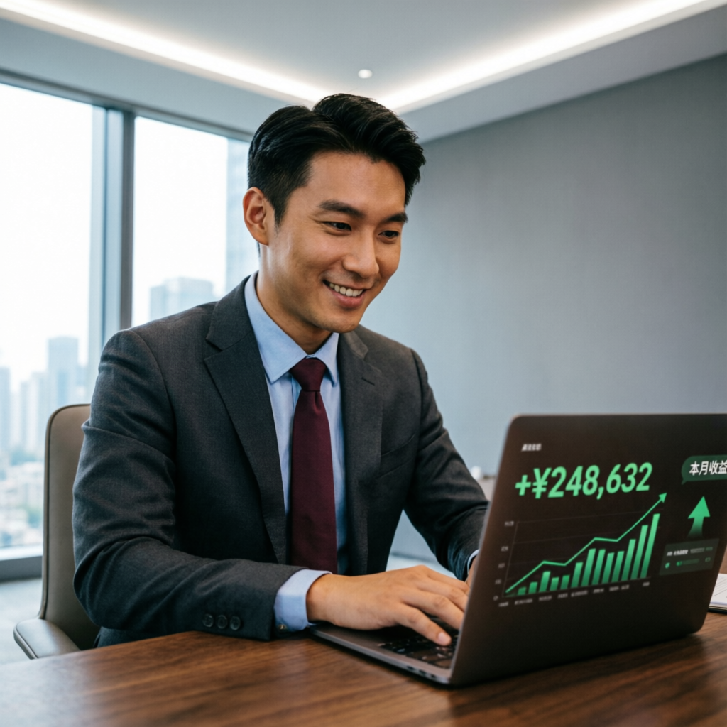 Funded trader success celebrating profit dashboard with green numbers