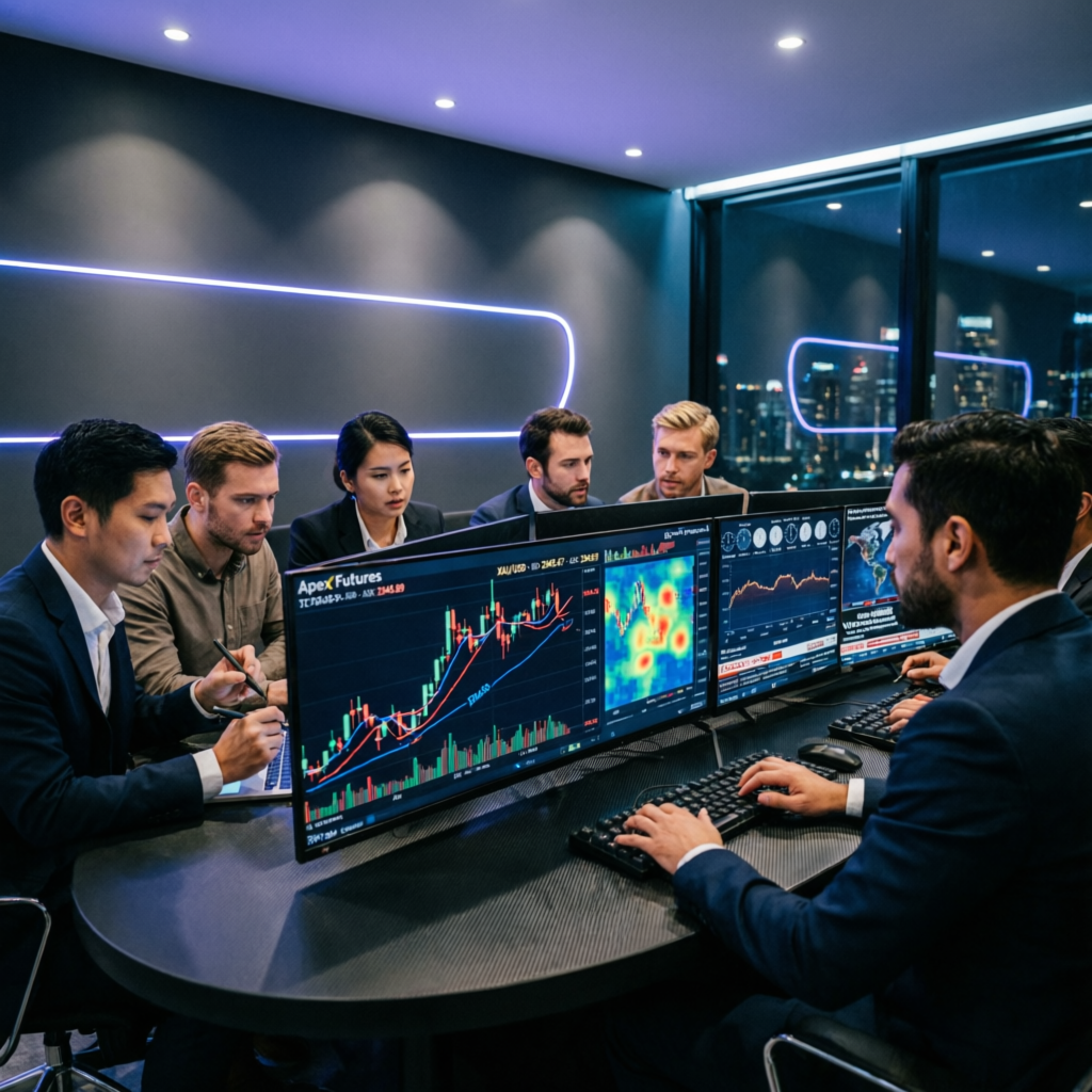 Professional team of traders collaborating on Apex futures trading strategy